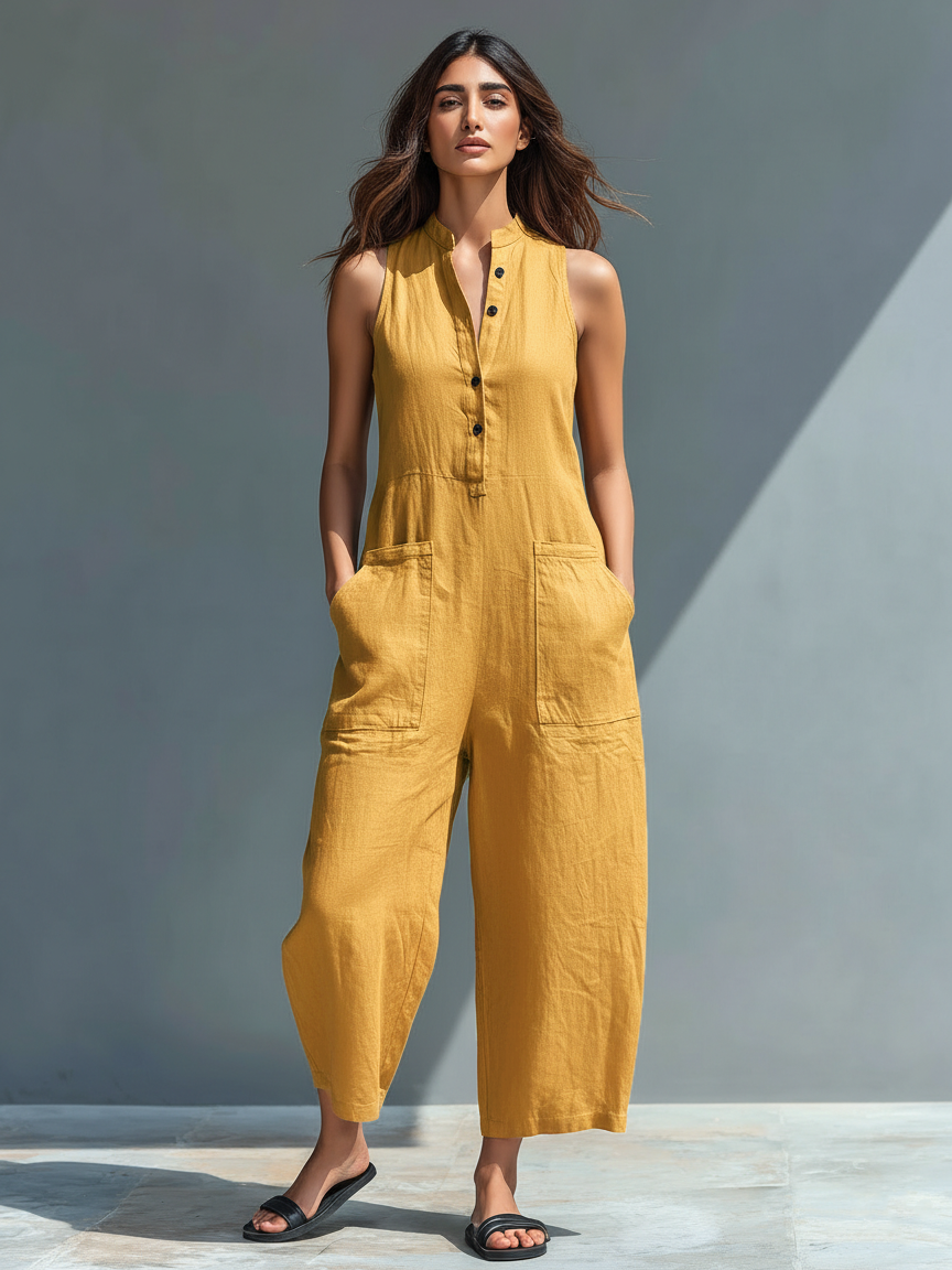 Sleeveless High Neck Button Front Summer Jumpsuit