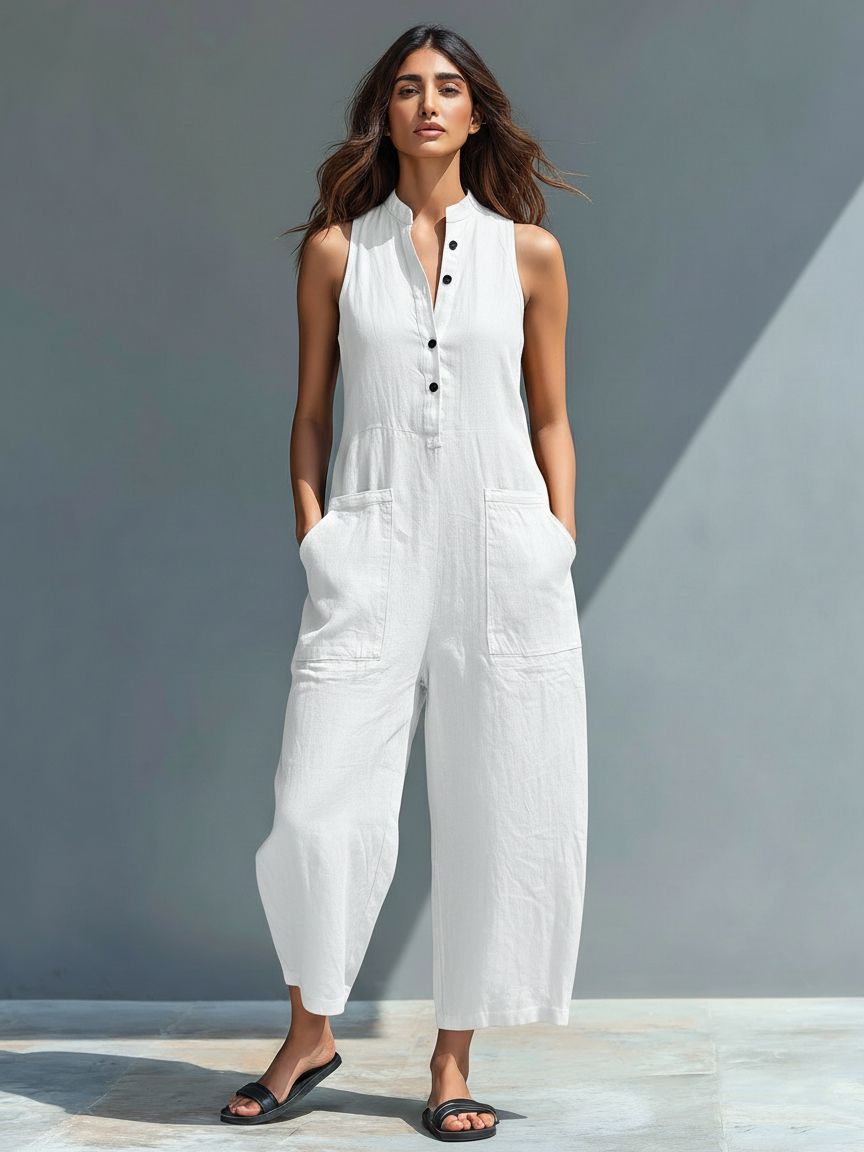 Sleeveless High Neck Button Front Summer Jumpsuit