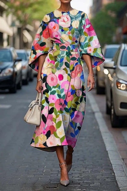 Melody | Elegant Round Neck Floral Summer Midi Dress