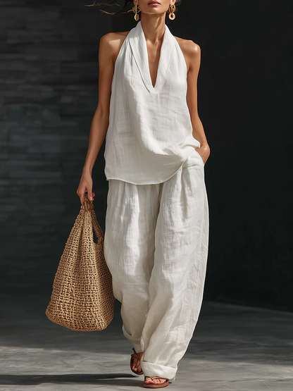 Sleeveless Wide Leg Pants Summer Two-Piece Linen Set