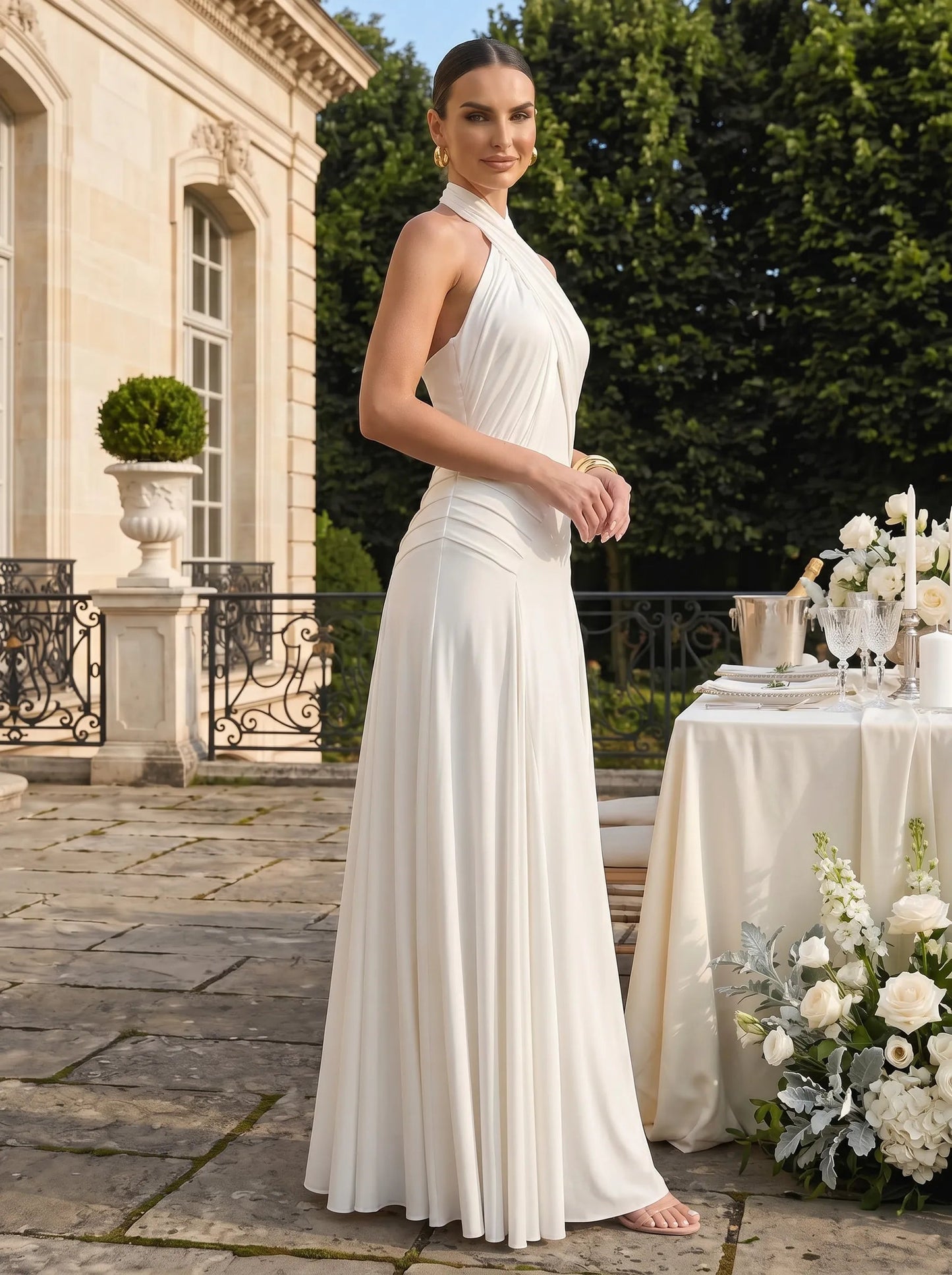Halter Neck Crossed Bodice Ruched Satin Bridesmaid Dress
