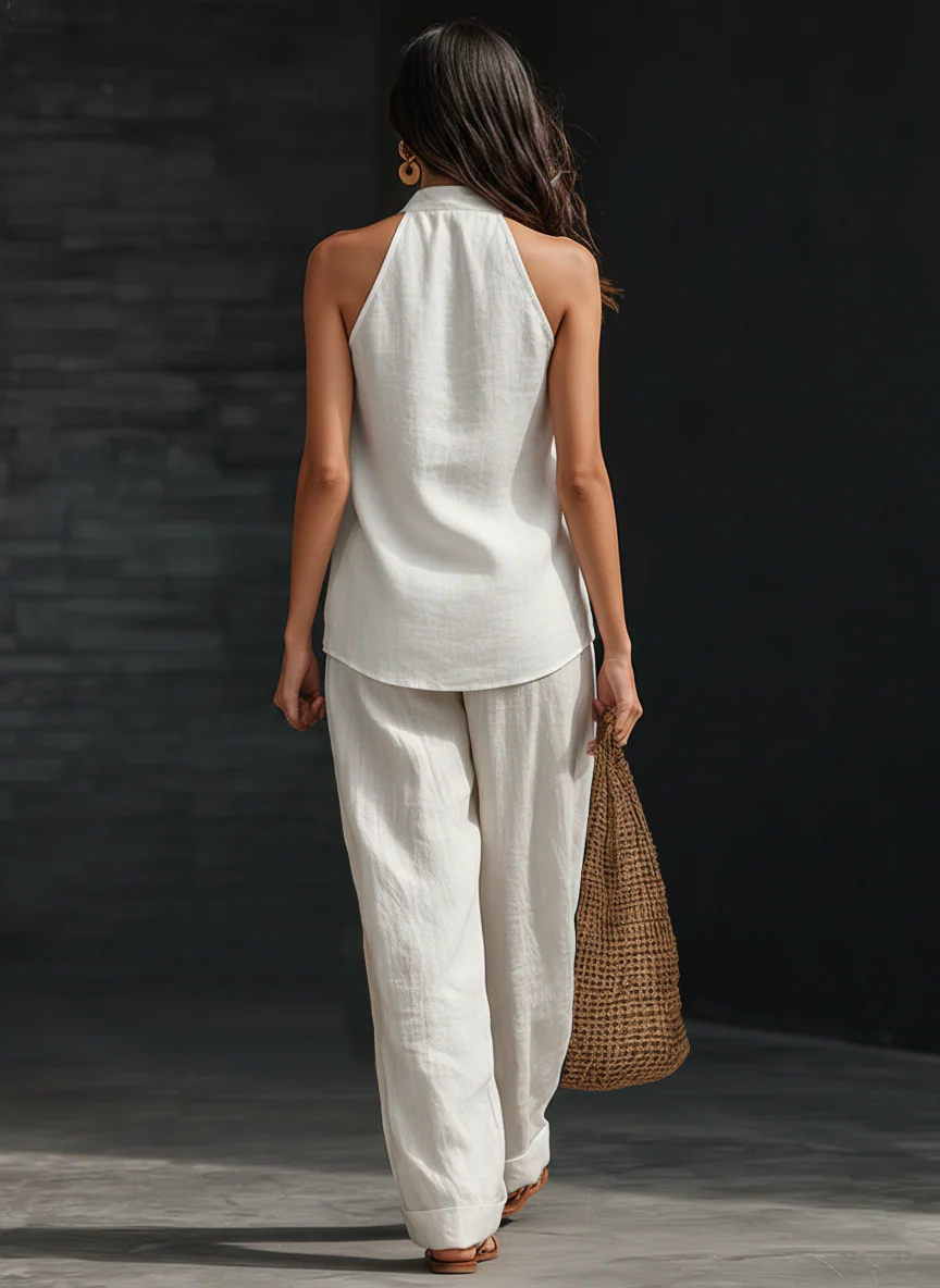 Sleeveless Wide Leg Pants Summer Two-Piece Linen Set