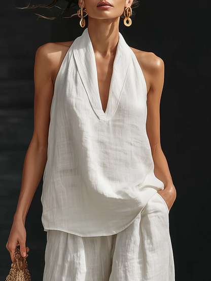 Sleeveless Wide Leg Pants Summer Two-Piece Linen Set