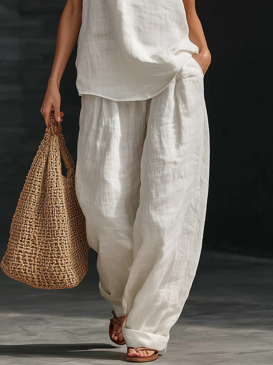 Sleeveless Wide Leg Pants Summer Two-Piece Linen Set