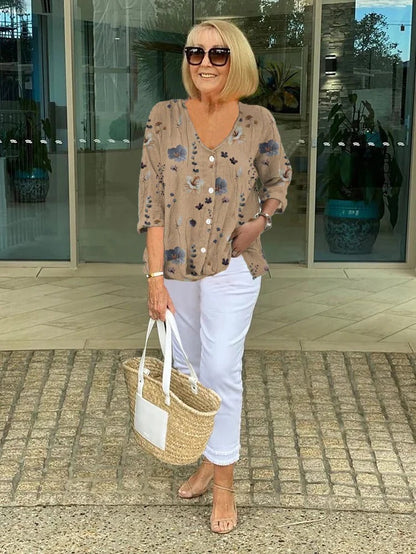 Bri |  V-neck Button Up Chiffon Casual Summer Blouse