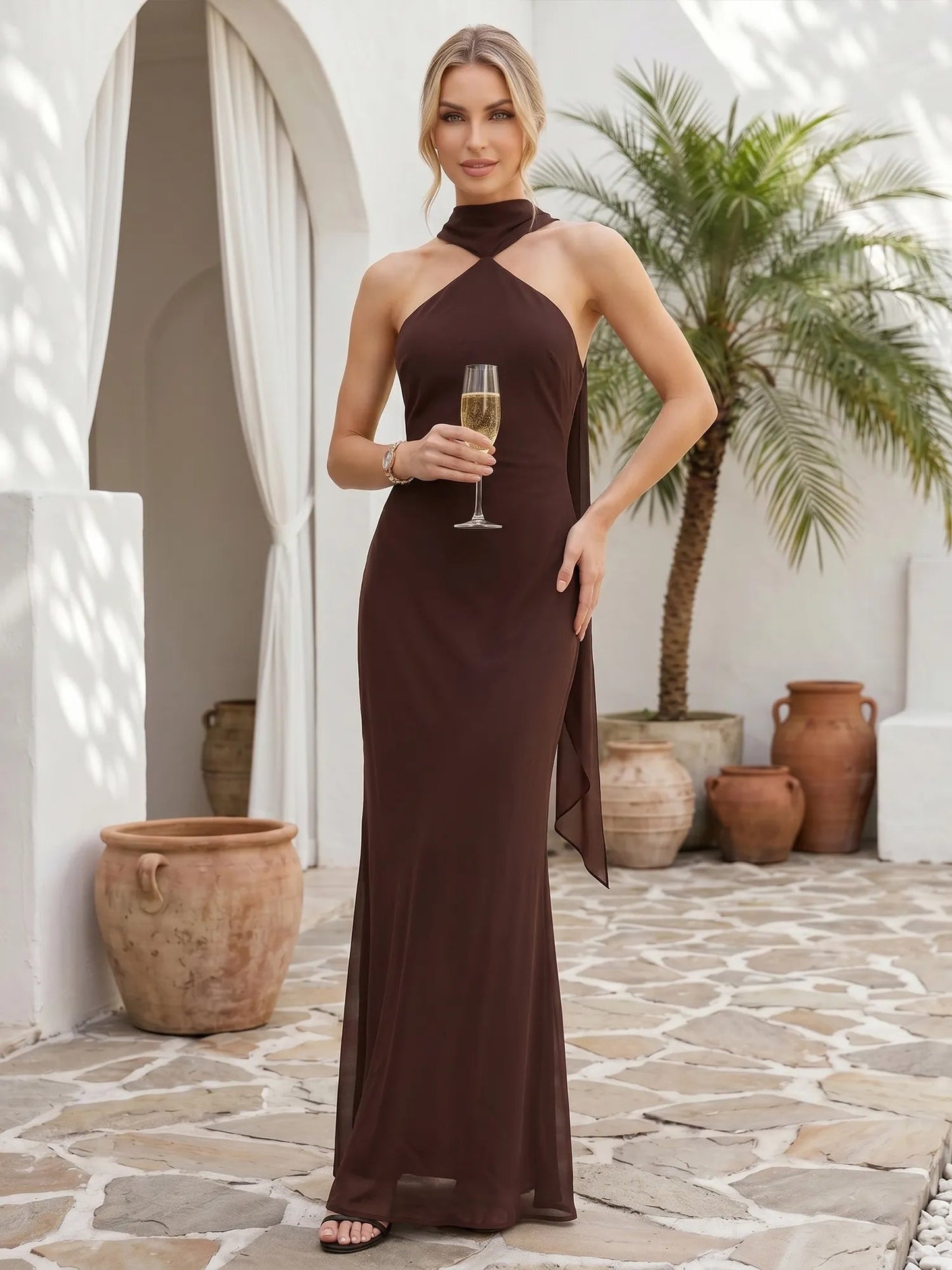 Colt | High Halter Neck Sleek Column Bridesmaid Maxi Dress