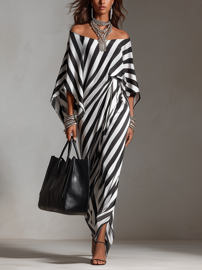 Mono | Elegant Monochrome Stripe Vacation Maxi Dress