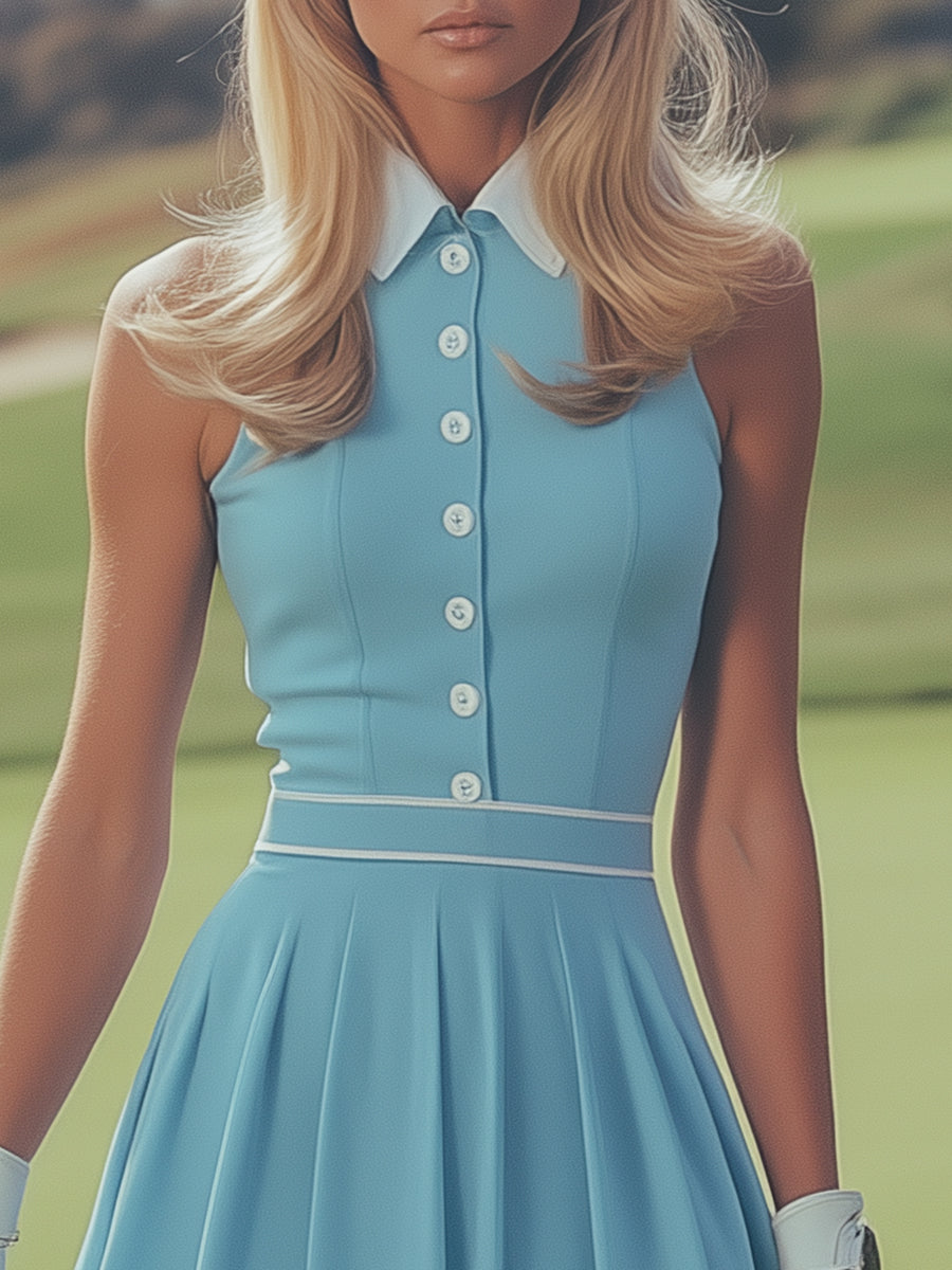 Button Detail Sleeveless Mini Tennis Summer Dress
