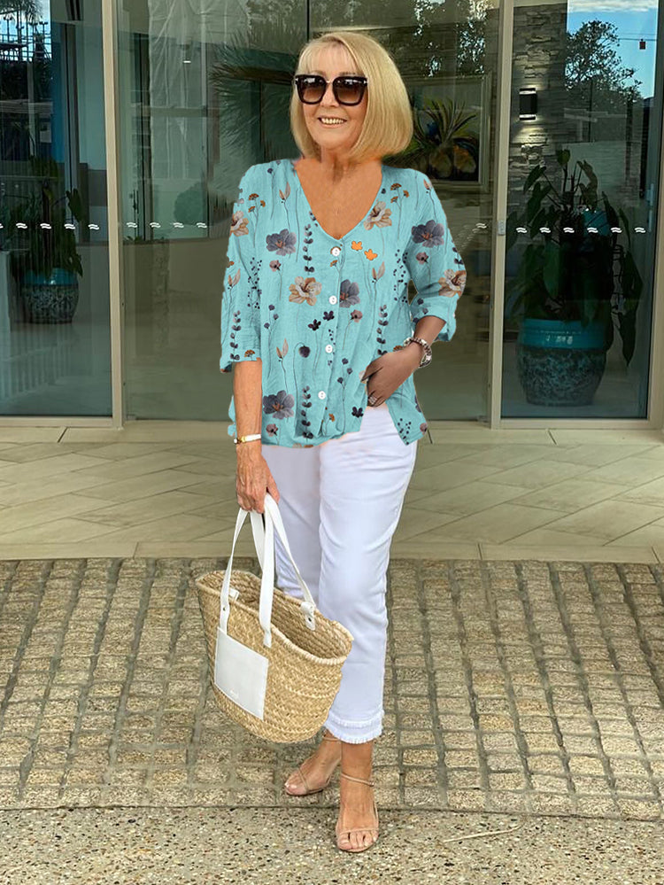 Bri |  V-neck Button Up Chiffon Casual Summer Blouse