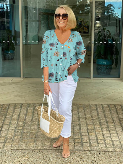 Bri |  V-neck Button Up Chiffon Casual Summer Blouse