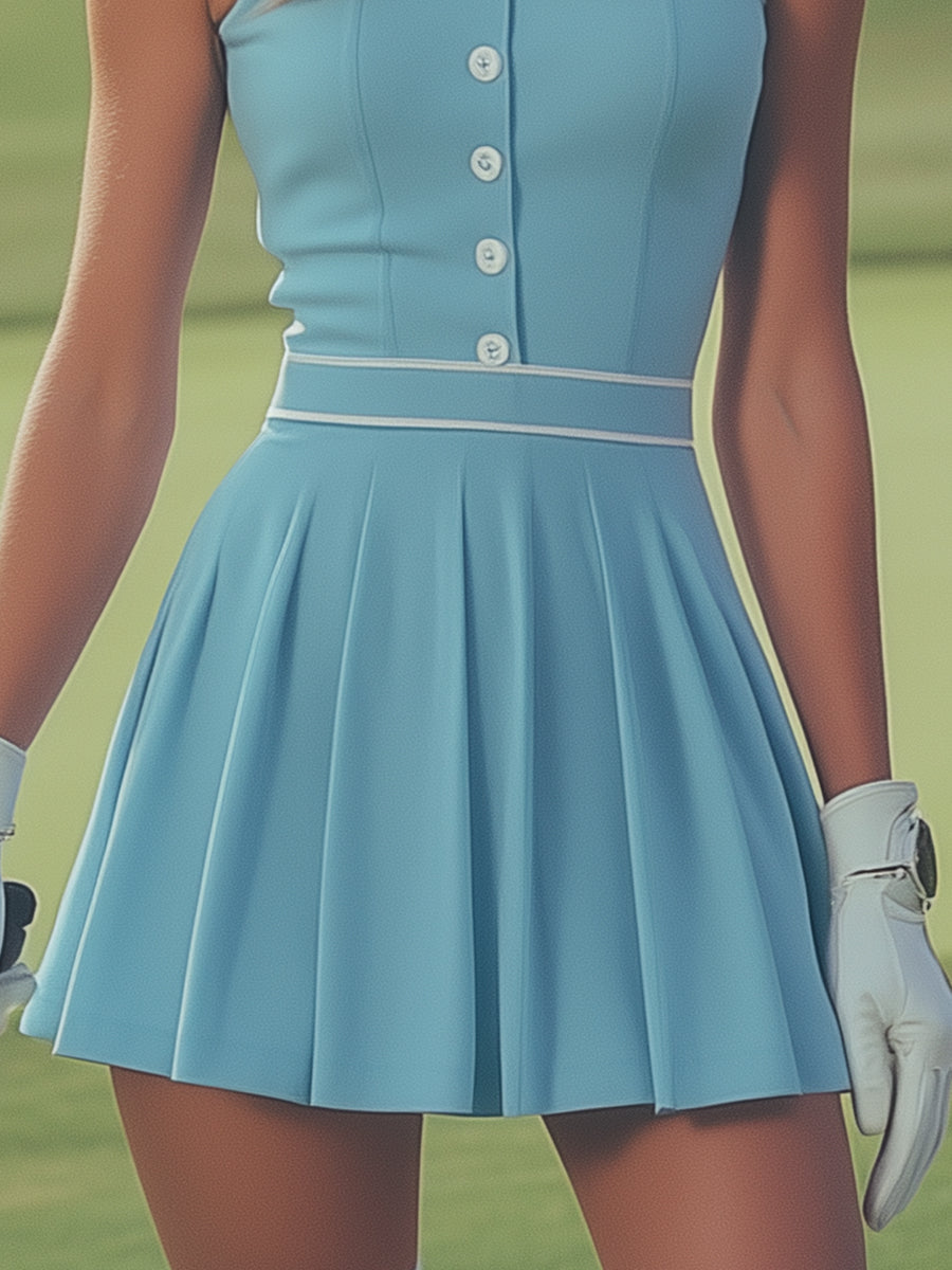 Button Detail Sleeveless Mini Tennis Summer Dress