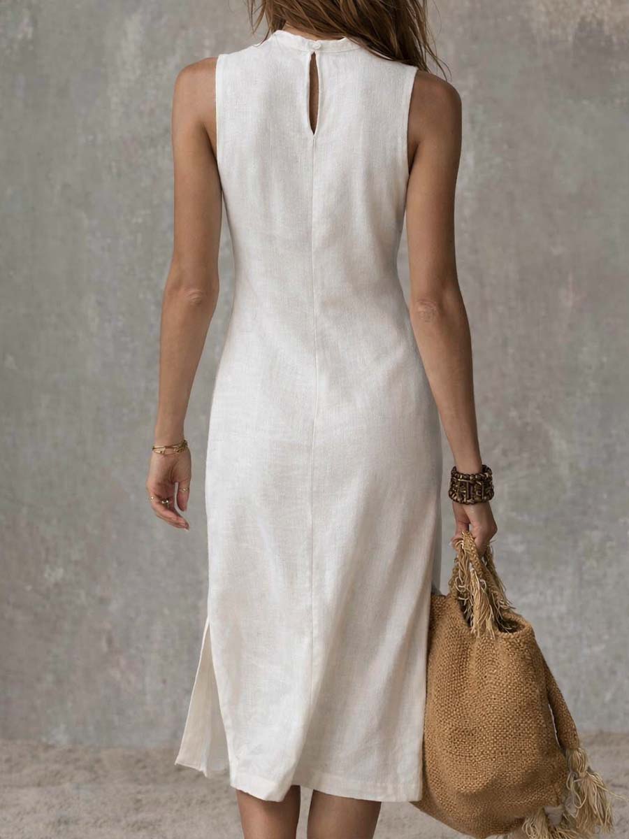 Lena | Elegant Linen Split Hem Summer Midi Dress