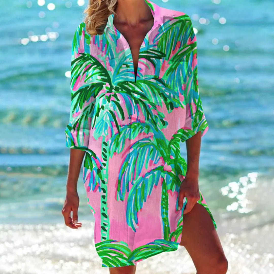 Coralie | Tropical Print T-Shirt Beach Vacation Cover Up Dress
