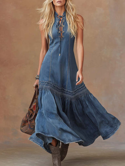 Deni | Tie Neck Denim Summer Maxi Dress