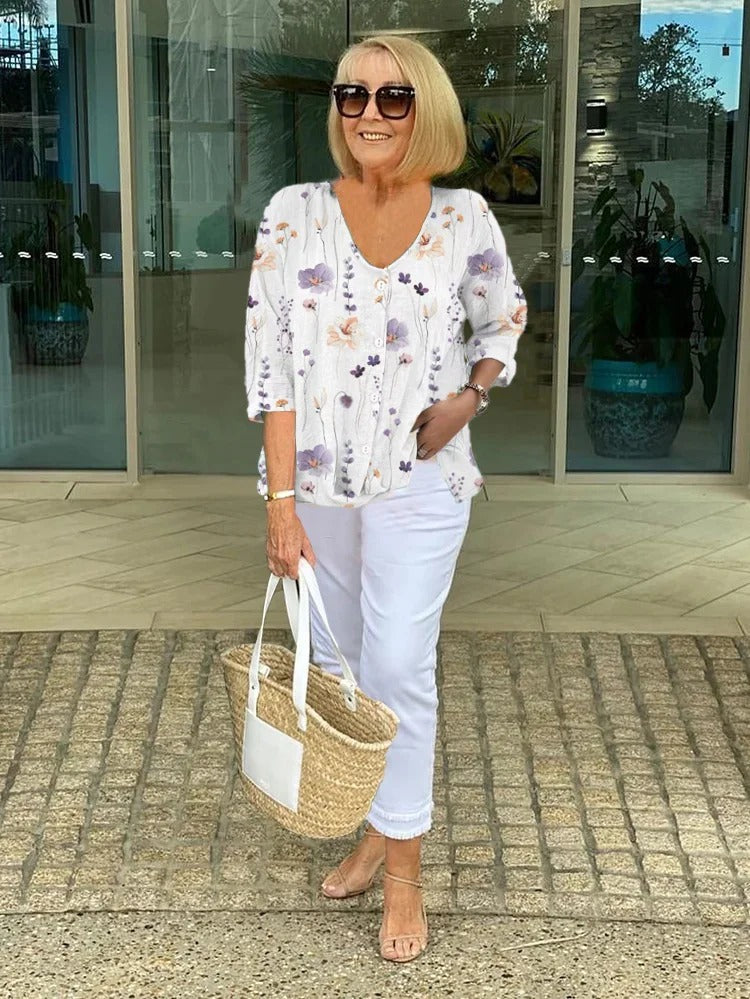 Bri |  V-neck Button Up Chiffon Casual Summer Blouse