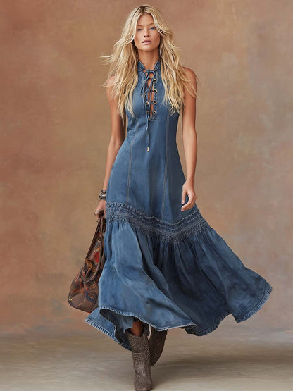 Deni | Tie Neck Denim Summer Maxi Dress