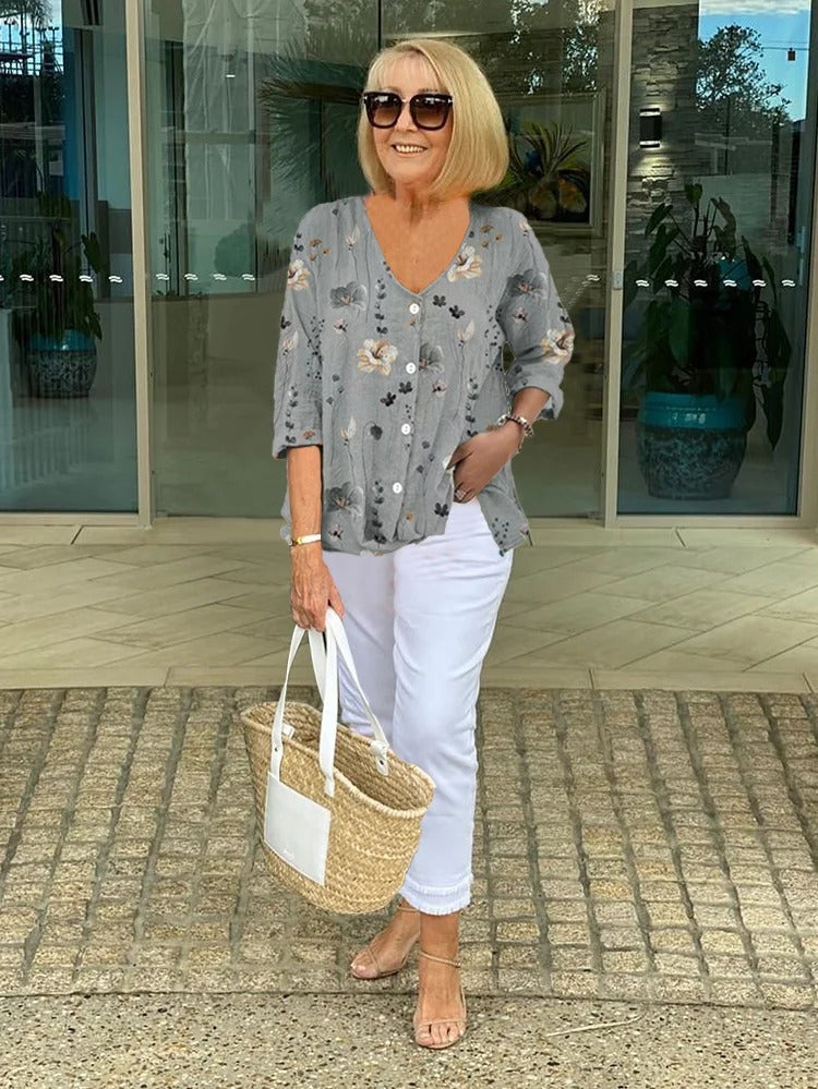 Bri |  V-neck Button Up Chiffon Casual Summer Blouse