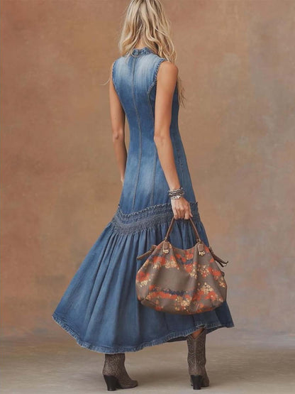 Deni | Tie Neck Denim Summer Maxi Dress
