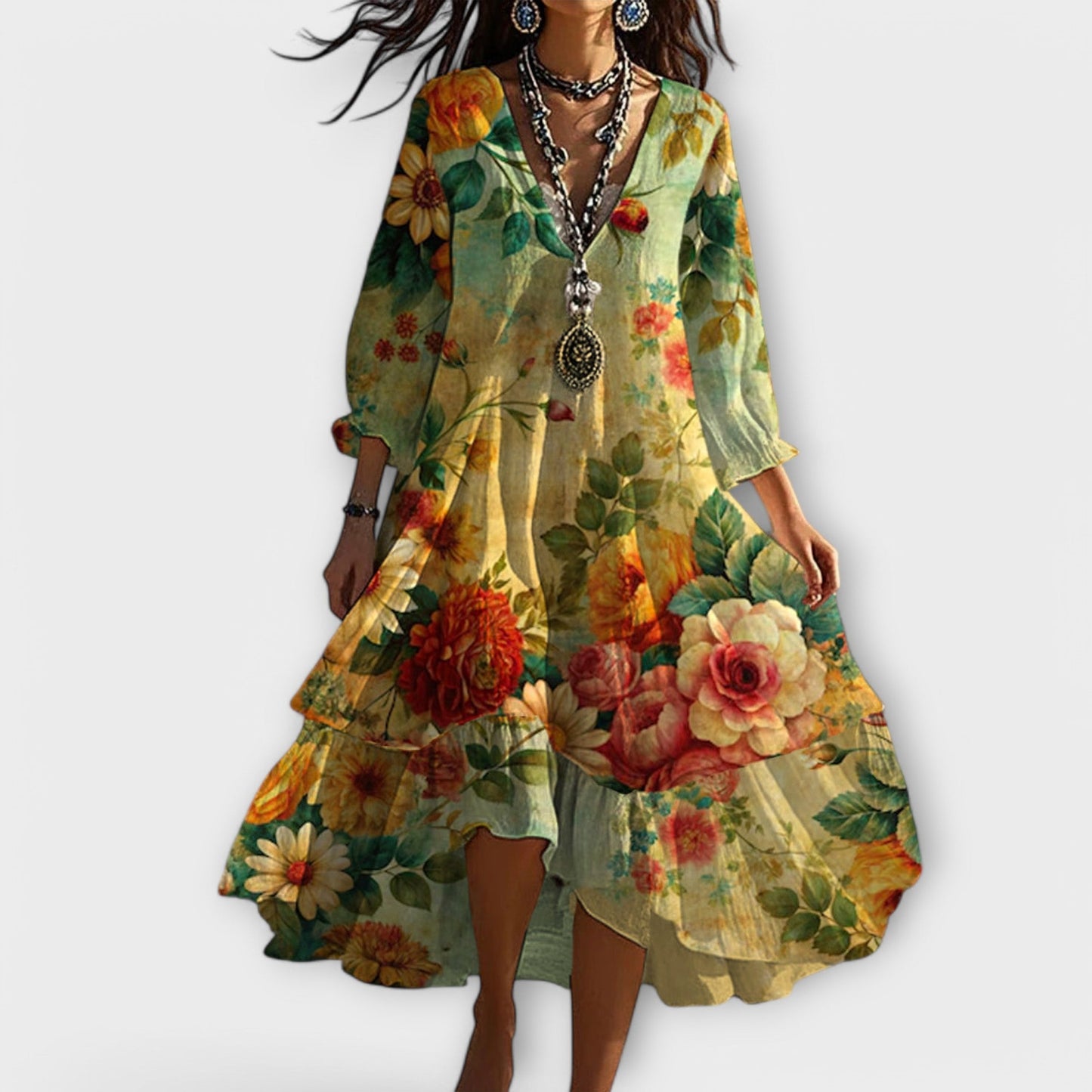 Floral V-Neck Boho Summer Midi Sundress