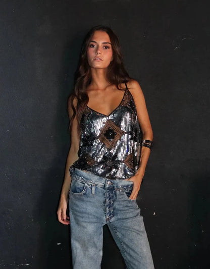 Cilara | Sleeveless Sequin Summer Festival Party Crop Top
