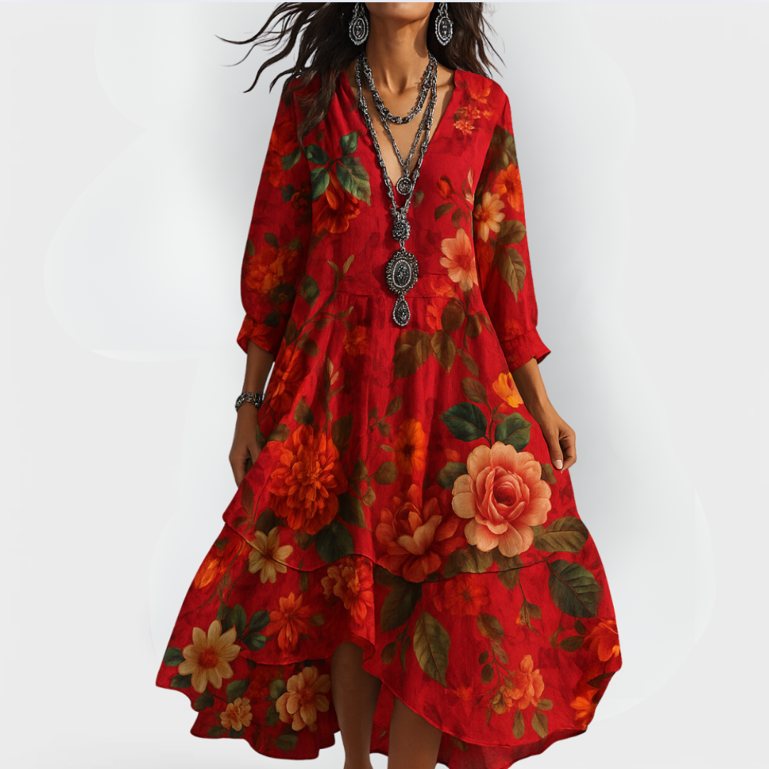 Floral V-Neck Boho Summer Midi Sundress