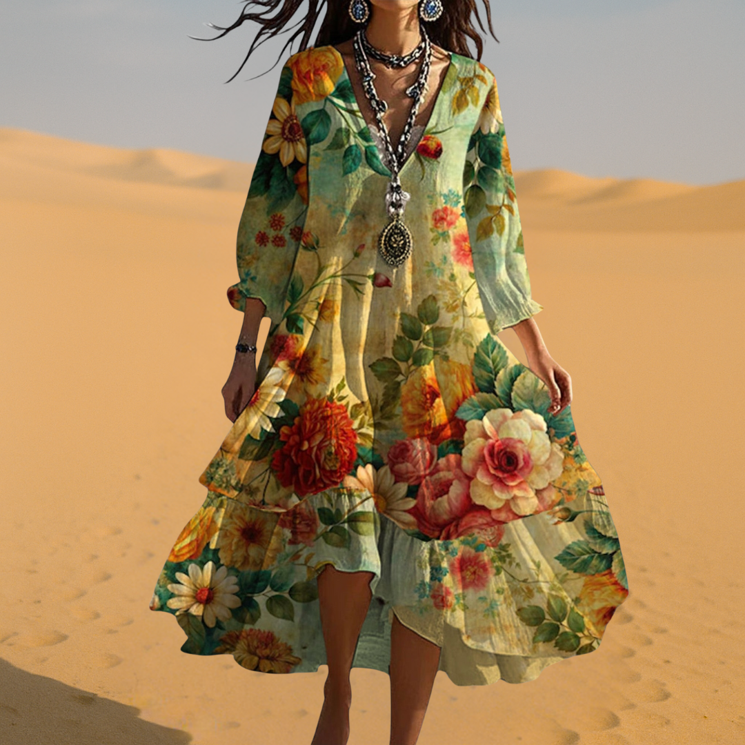 Floral V-Neck Boho Summer Midi Sundress