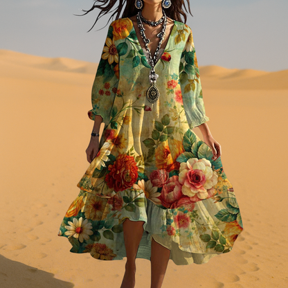 Floral V-Neck Boho Summer Midi Sundress