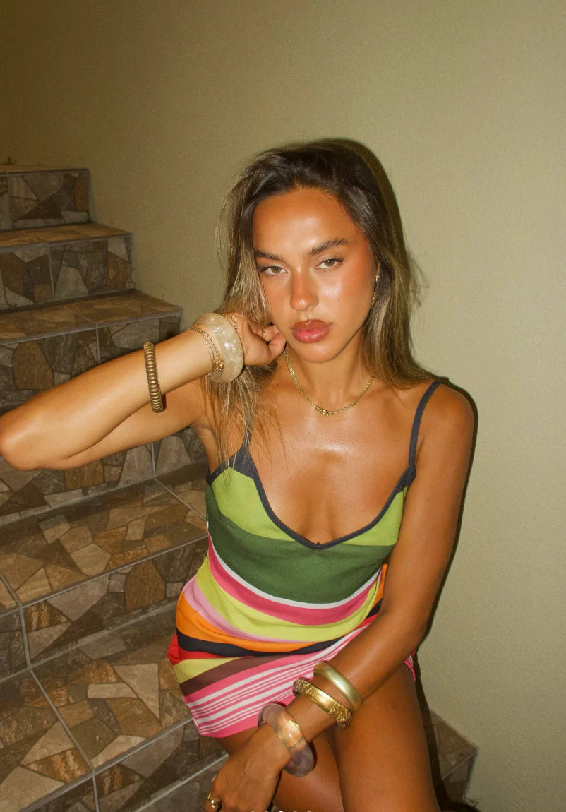 Aily | Ribbed Knit V-Neck Spaghetti Strap Summer Mini Dress
