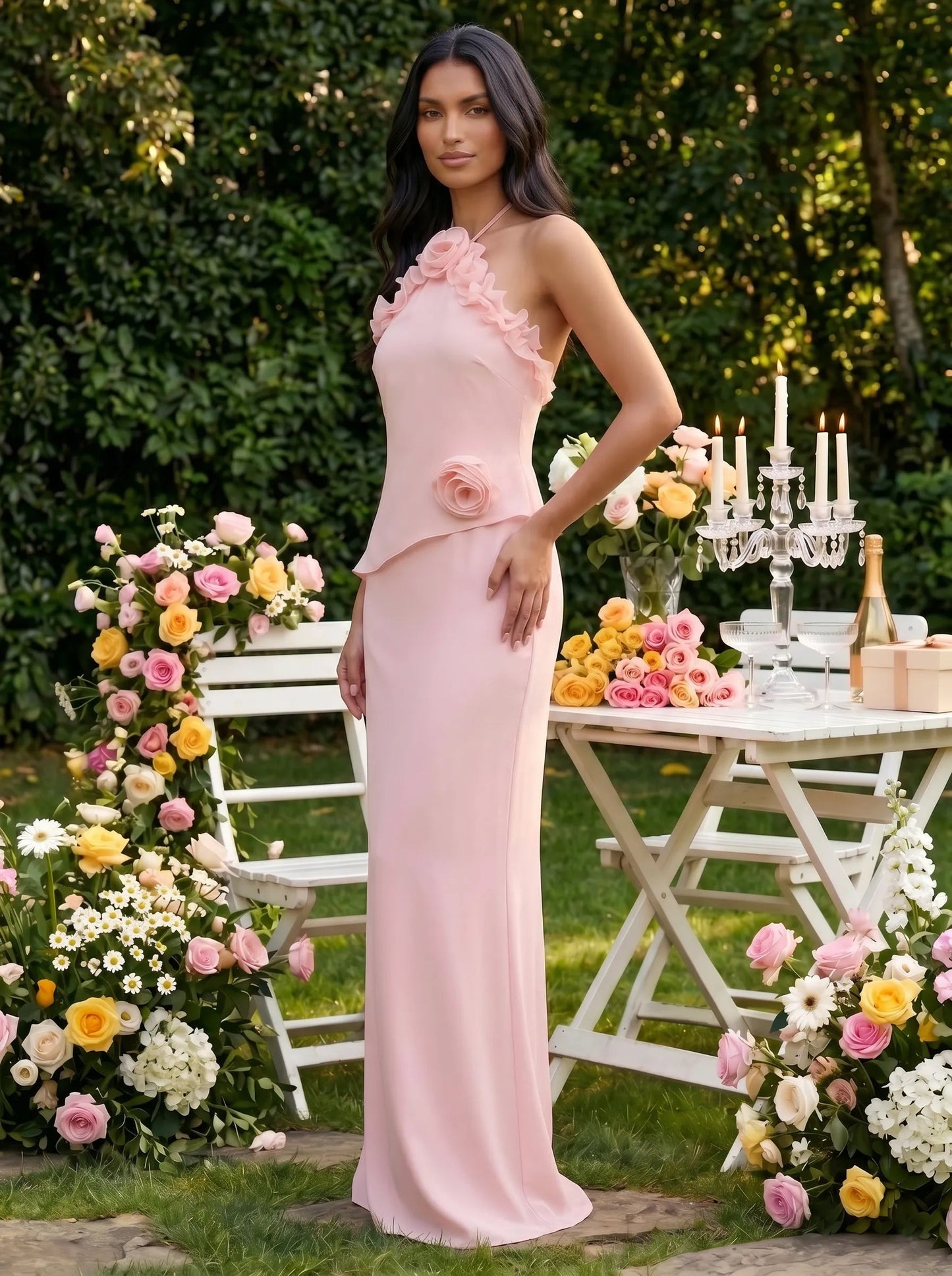 Flor | Floral Applique Halter Neck Summer Bridesmaid Dress