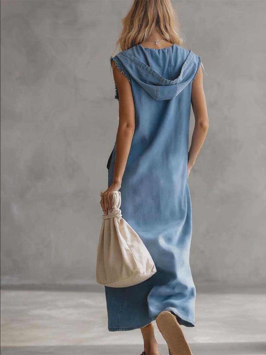 V-Neck Zipper Summer Denim Midi Dress