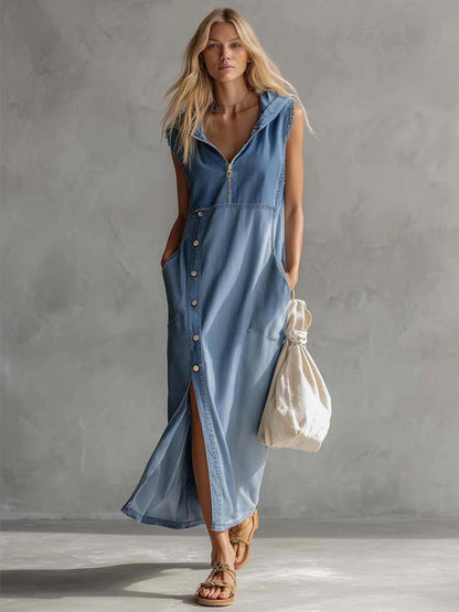 V-Neck Zipper Summer Denim Midi Dress