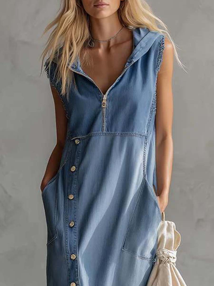 V-Neck Zipper Summer Denim Midi Dress