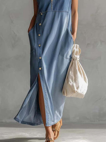 V-Neck Zipper Summer Denim Midi Dress