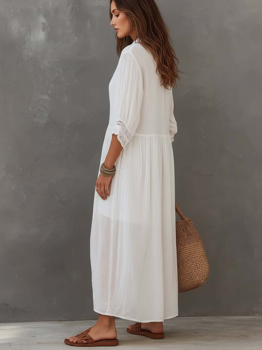 Lacey | Vintage Lace Trim Linen Vacation Midi Dress