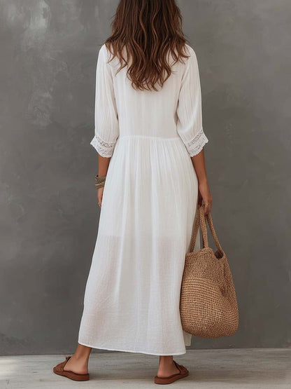 Lacey | Vintage Lace Trim Linen Vacation Midi Dress