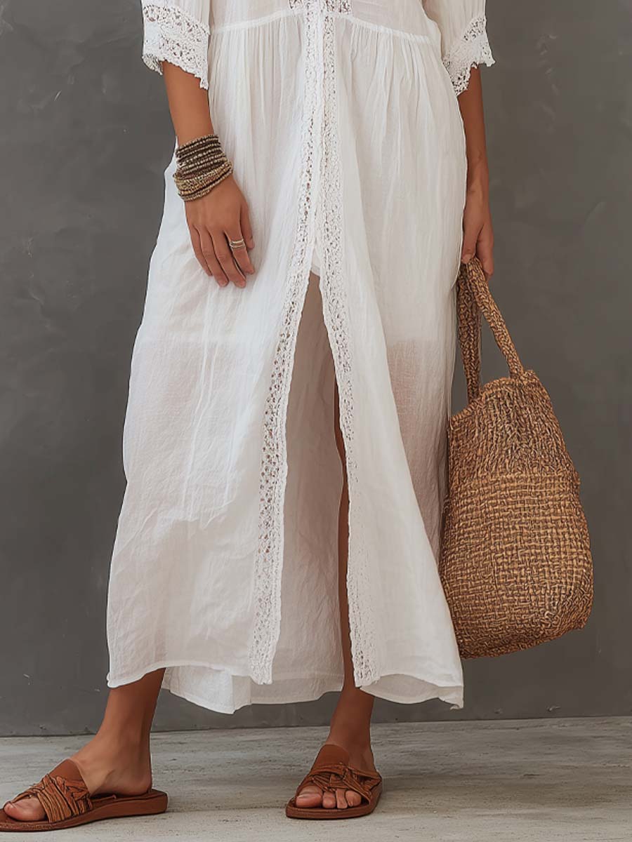 Lacey | Vintage Lace Trim Linen Vacation Midi Dress