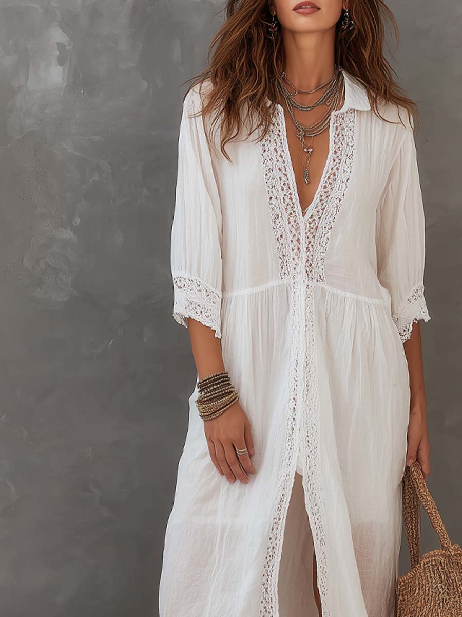 Lacey | Vintage Lace Trim Linen Vacation Midi Dress
