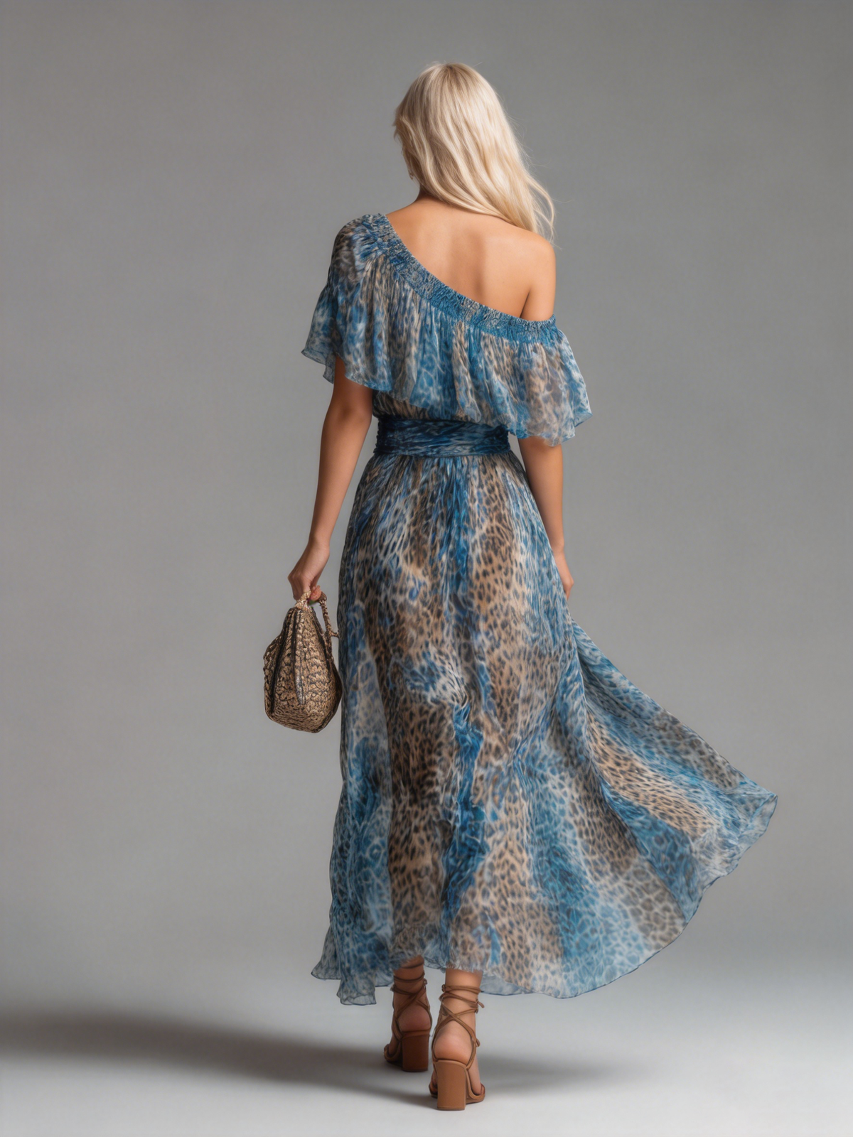 Leo | Off Shoulder Blue Leopard Print Spring Maxi Dress