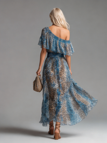 Leo | Off Shoulder Blue Leopard Print Spring Maxi Dress