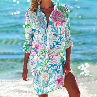 Coralie | Tropical Print T-Shirt Beach Vacation Cover Up Dress