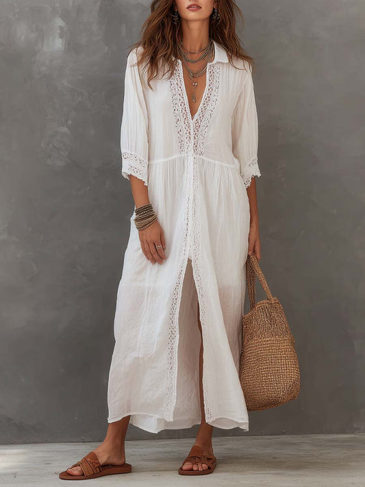 Lacey | Vintage Lace Trim Linen Spring Midi Dress