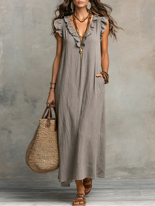 Ruffy | Sleeveless V-Neck Ruffle Boho Spring Maxi Dress