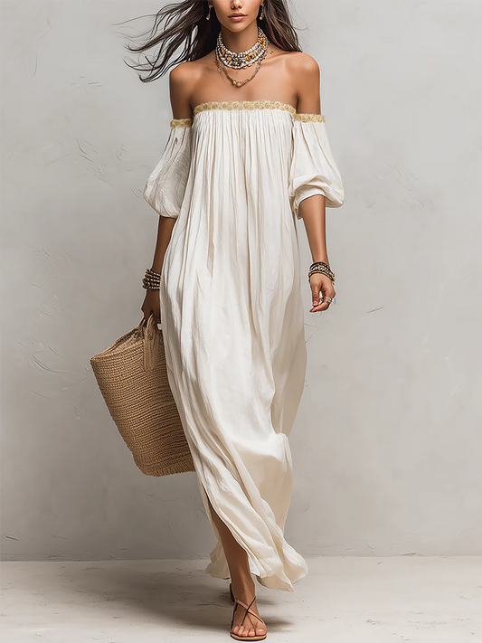 Pleat | Off Shoulder Pleated Boho Spring Maxi Dress