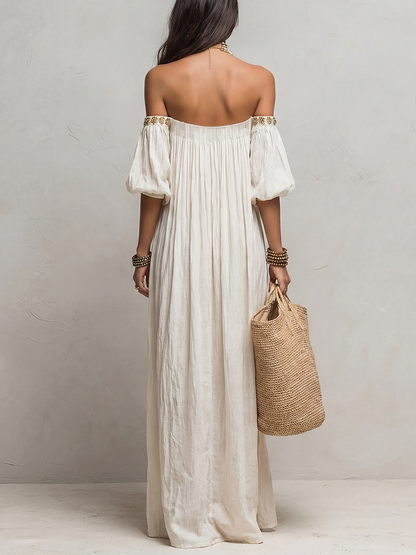 Pleat | Off Shoulder Pleated Boho Vacation Maxi Dress