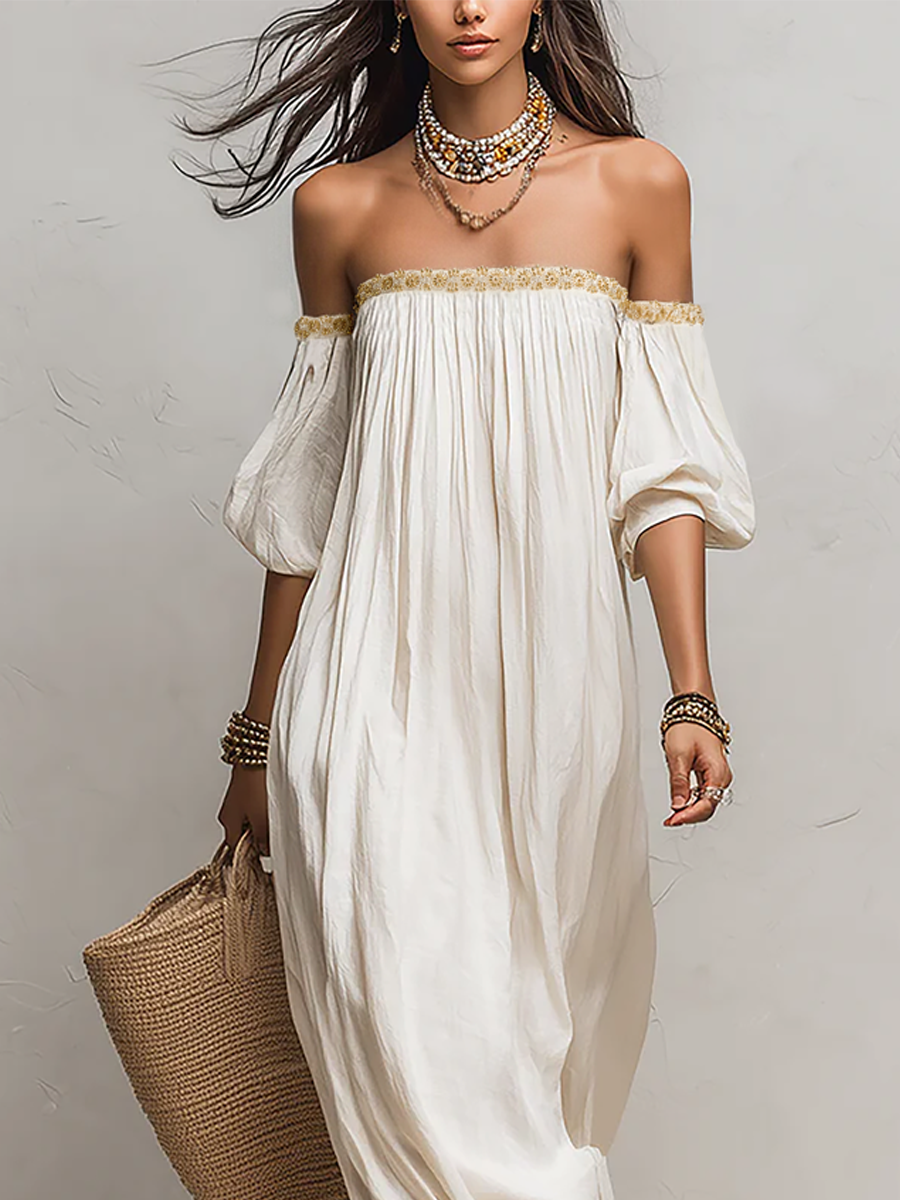Pleat | Off Shoulder Pleated Boho Vacation Maxi Dress