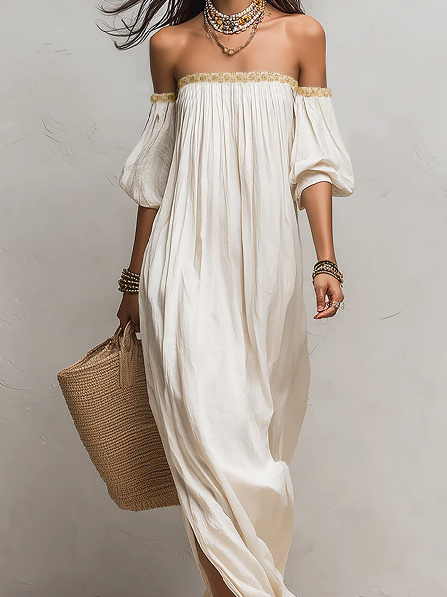 Pleat | Off Shoulder Pleated Boho Vacation Maxi Dress