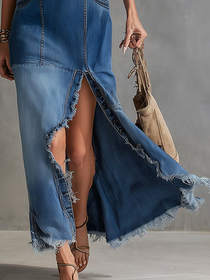 Fray | V-Neck Frayed Slit Denim Summer Vacation Maxi Dress