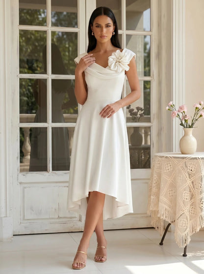 Bloom | Off Shoulder Floral Applique High Low Midi Bridesmaid Dress