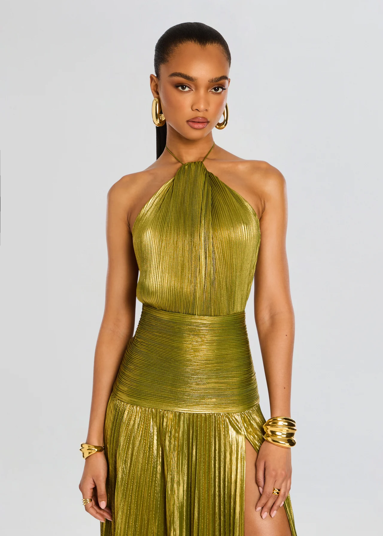 Rebecca | Metallic Front-Pleated Halter Maxi Wedding Guest Dress