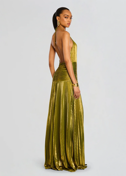 Rebecca | Metallic Front-Pleated Halter Maxi Wedding Guest Dress